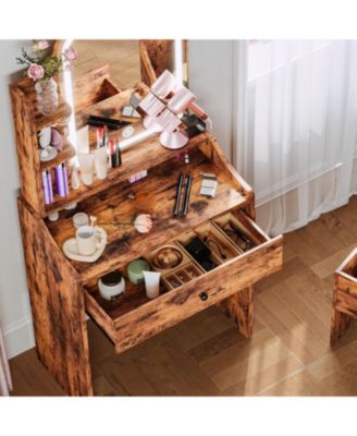 Small Makeup Vanity Desk with Mirror and Lights, Vanity Table Set with Storage Drawer