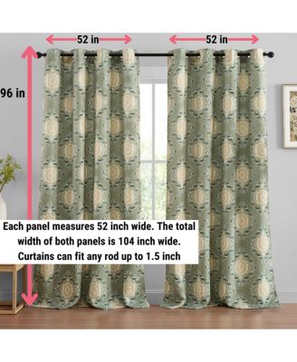 Liam Ogee Ikatt Damask Patterned Window Grommet Curtains Bedroom - Light Blocking Darkening Window Panels, Set of 2 (Sage Green, 52 W x 96 L