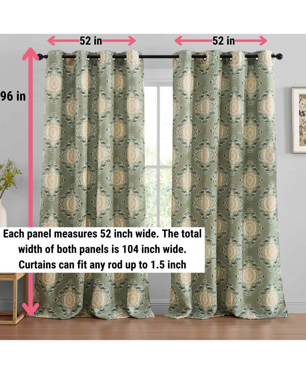 Hlc.me Liam Ogee Ikatt Damask Patterned Window Grommet Curtains Bedroom - Light Blocking Darkening Window Panels, Set of 2 (Sage Green