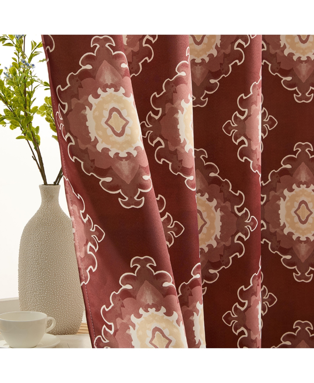 Hlc.me Liam Ogee Ikatt Damask Patterned Window Grommet Curtains Bedroom - Light Blocking Darkening Window Panels, Set of 2 (Spice Red