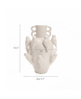 Classic White Ceramic Modern Birds 14.4-Inch Tall Vase