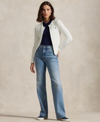 Women's Cable-Knit Cotton Crewneck Cardigan Sweater