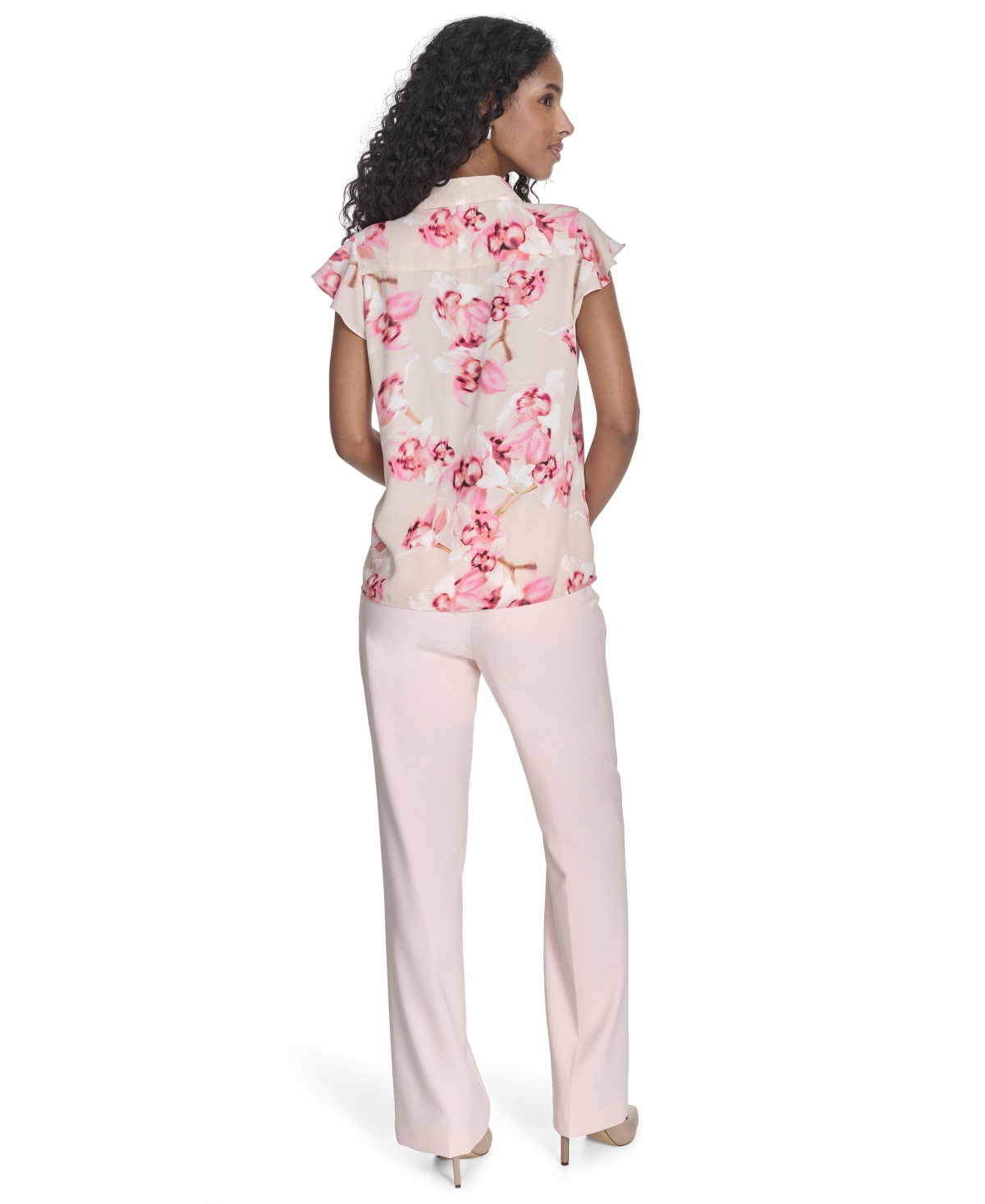 Shop Calvin Klein Women's Printed Ruffled Flutter-sleeve Button-front Blouse In Soft Taupe Multi