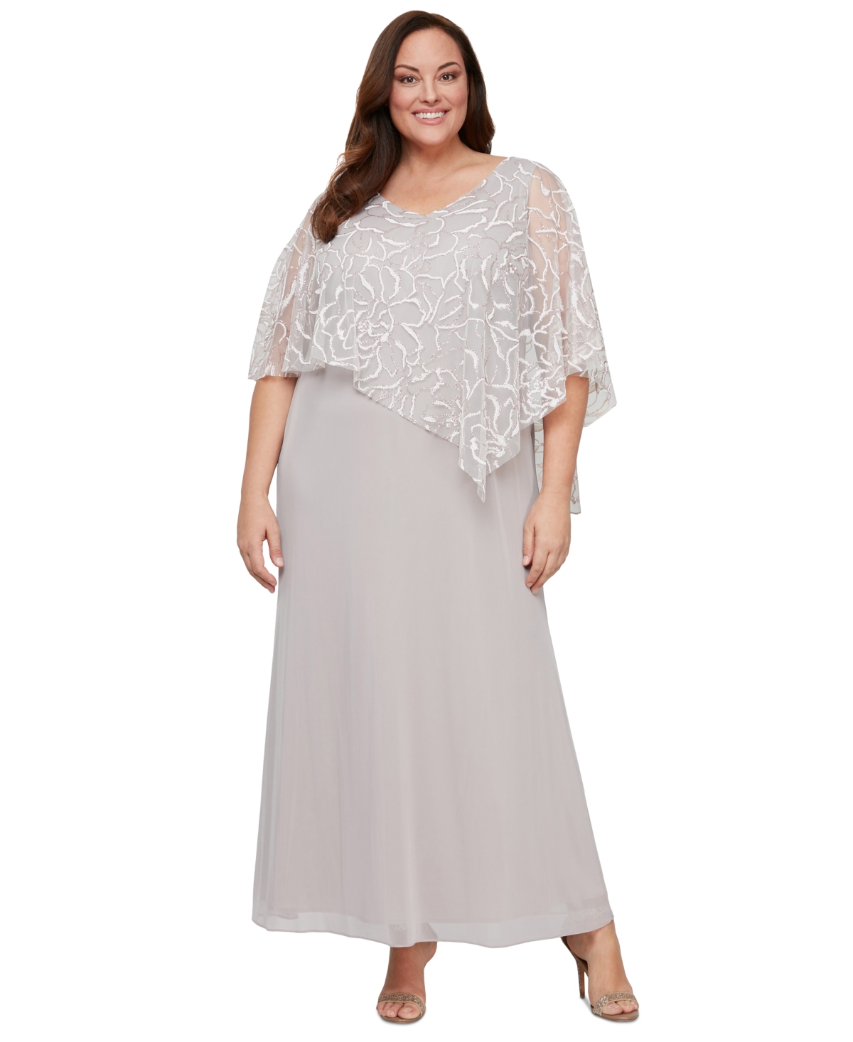 Sl Fashions Plus Size Asymmetrical Glitter Cape Gown In Gray