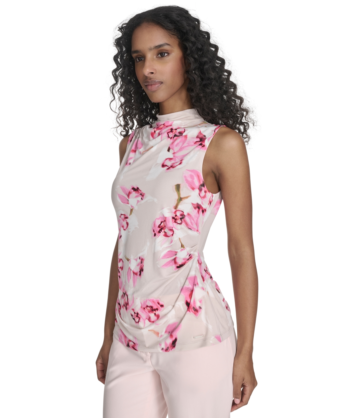 Shop Calvin Klein Women's Printed Mock Neck Sleeveless Top In Soft Taupe Multi