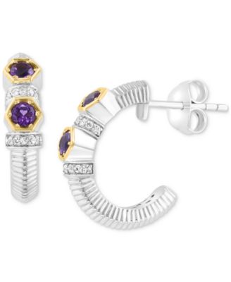 EFFY Collection - Amethyst (3/8 ct. t.w.) & White Sapphire (1/10 ct. t.w.) Small Hoop Earrings in Sterling Silver & 18k Gold, 0.625"