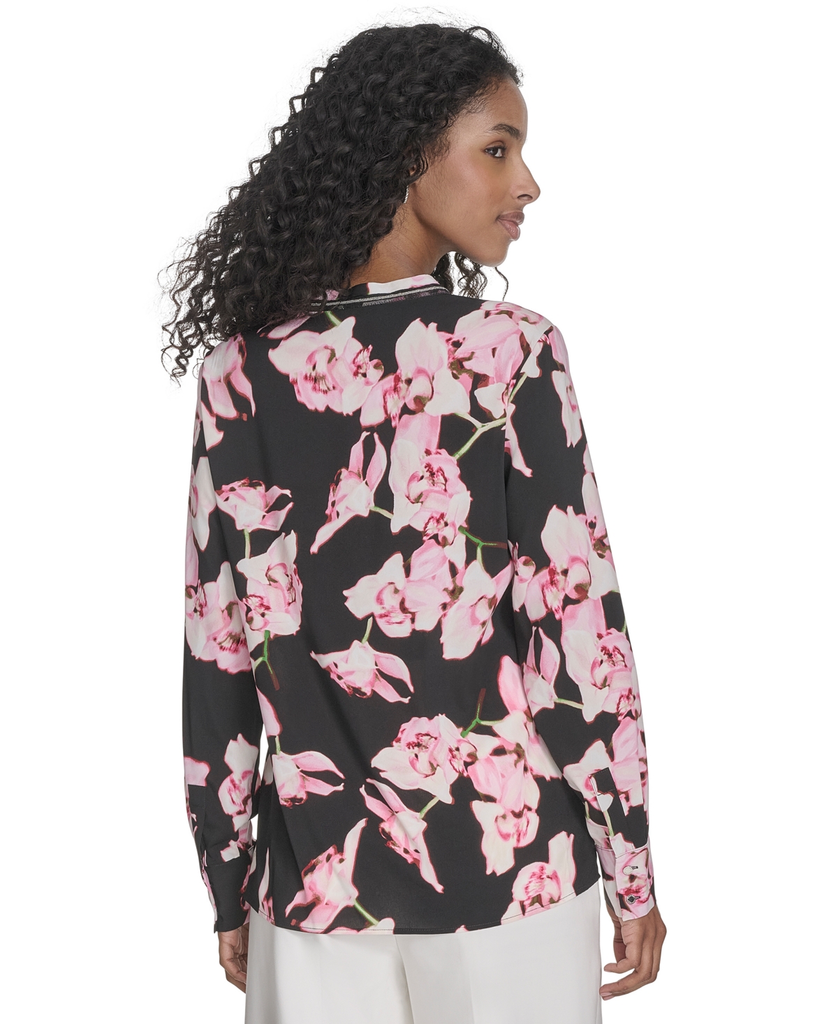 Calvin Klein Women's Printed Split-neck Long-sleeve Shirt In Black Multi