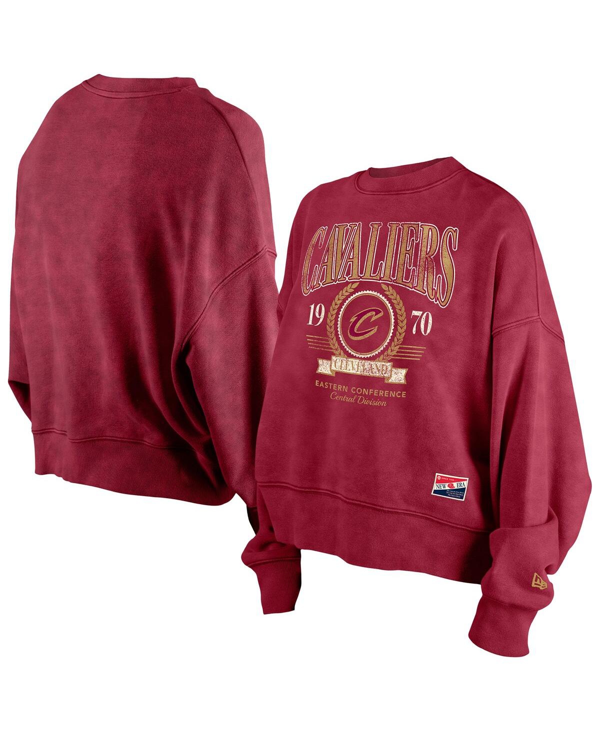 NEW ERA WOMEN'S WINE CLEVELAND CAVALIERS HARDWOOD CLASSICS ENZYME WASH OVERSIZED BOXY PULLOVER SWEATSHIRT 