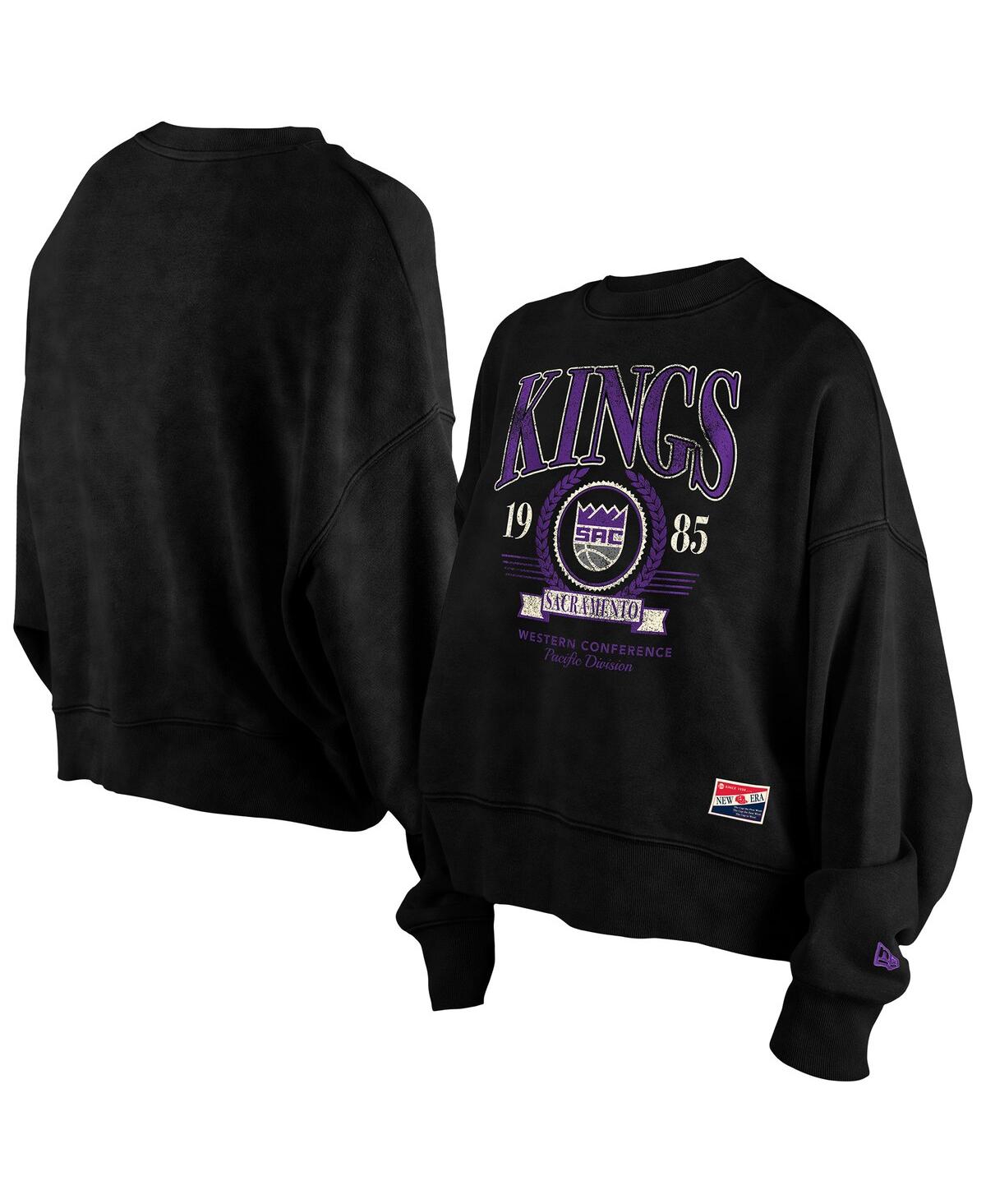 NEW ERA WOMEN'S BLACK SACRAMENTO KINGS HARDWOOD CLASSICS ENZYME WASH OVERSIZED BOXY PULLOVER SWEATSHIRT 
