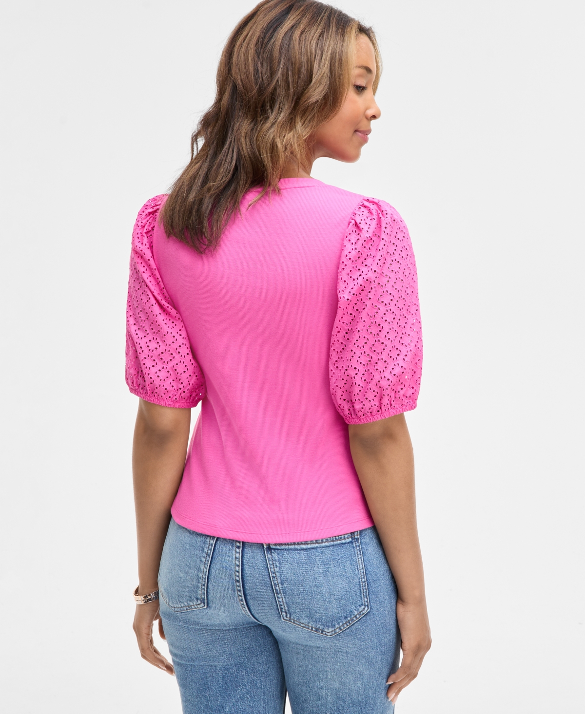 Shop On 34th Women's Eyelet-sleeve Rib-knit Top, Exclusively At Macy's In Pink Dazzle