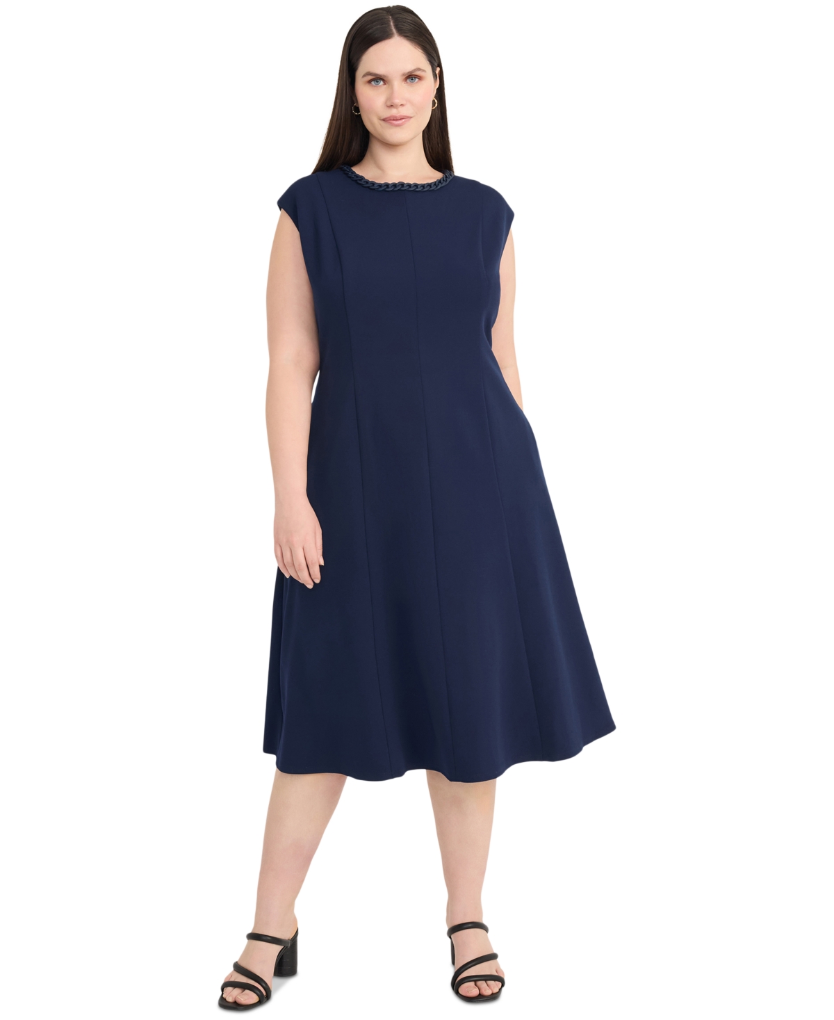 Plus Size Chain-Trim Midi Fit & Flare Dress - Navy