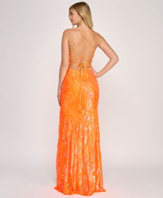 Juniors' Sequined Lace-Up-Back Gown