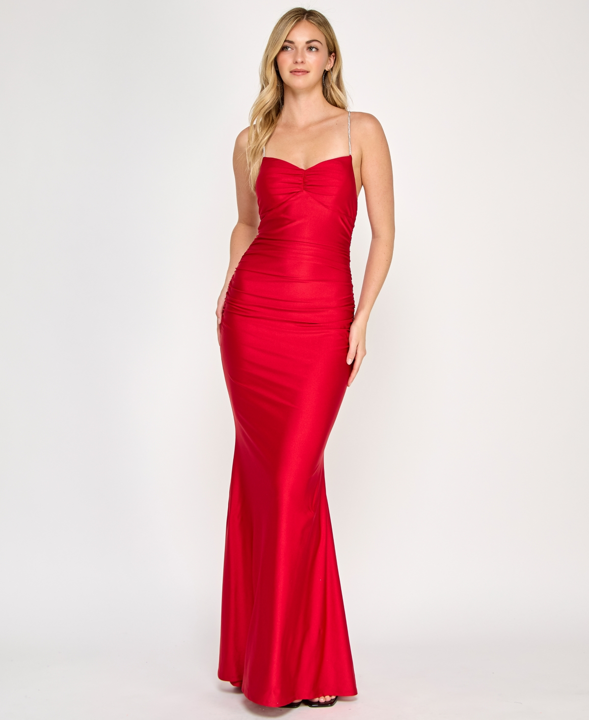 Juniors' Rhinestone-Strap Lace-Up-Back Gown - Cherry
