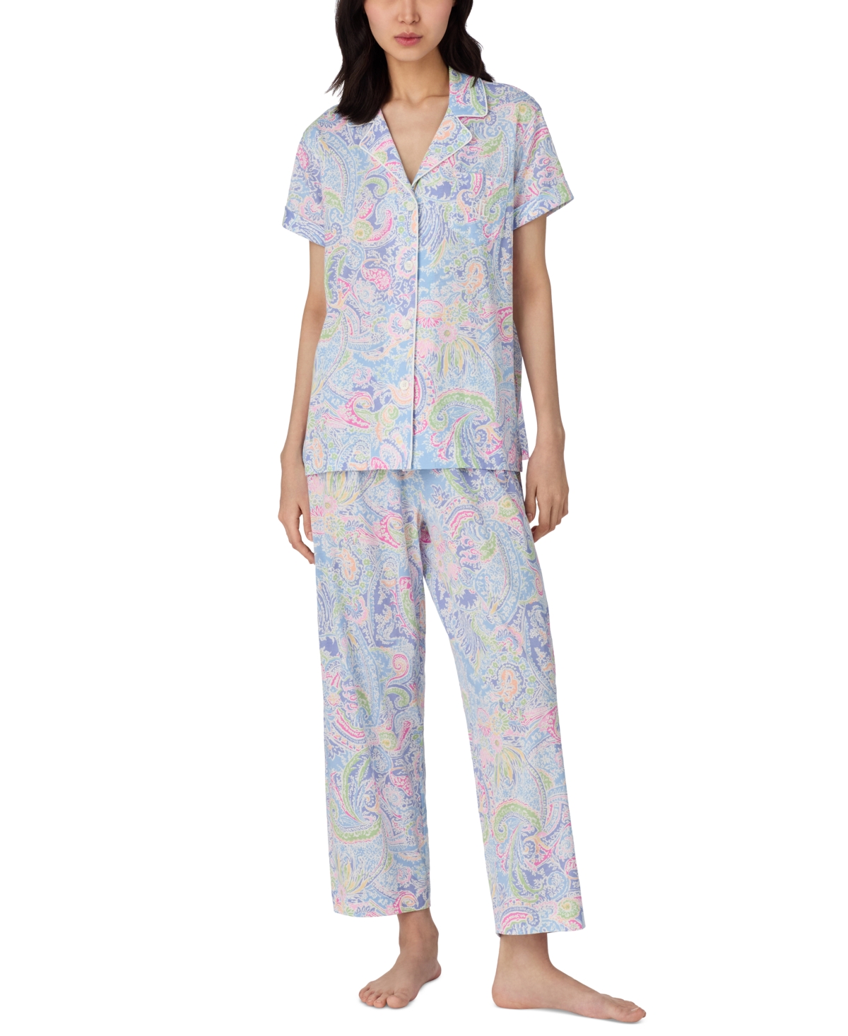 Shop Ralph Lauren Women's Notched-collar Cropped Pajama Set In Blue Pais