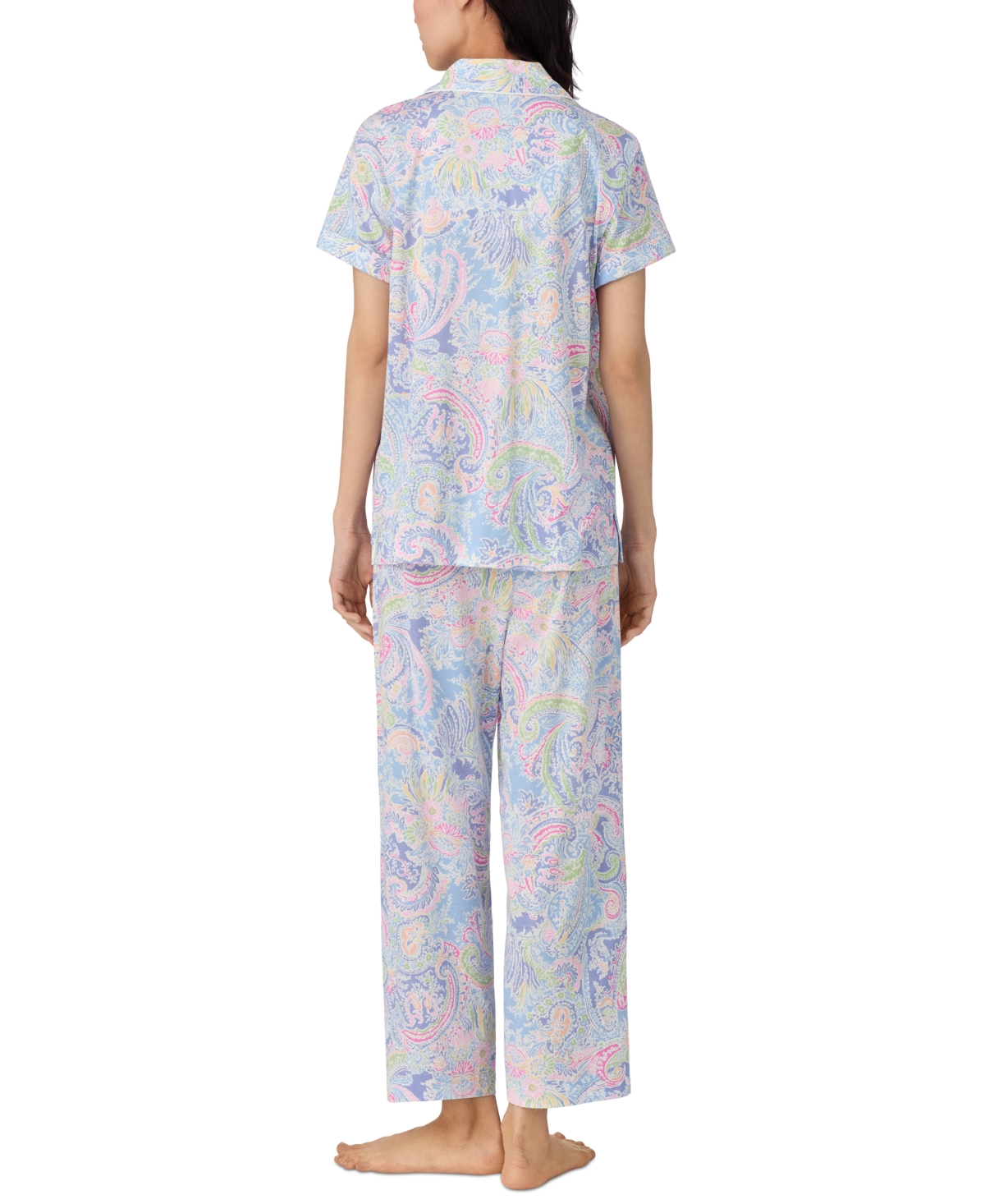 Shop Ralph Lauren Women's Notched-collar Cropped Pajama Set In Blue Pais