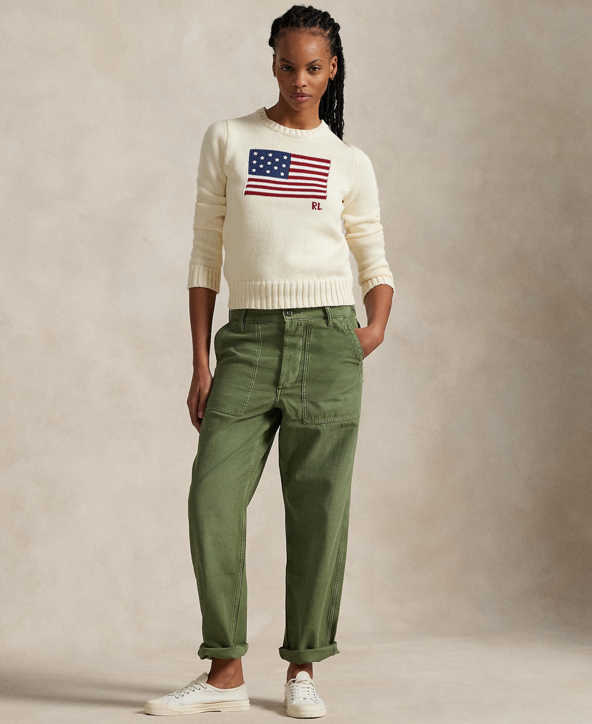 Shop Polo Ralph Lauren Women's Flag Cotton Crewneck Sweater In Cream