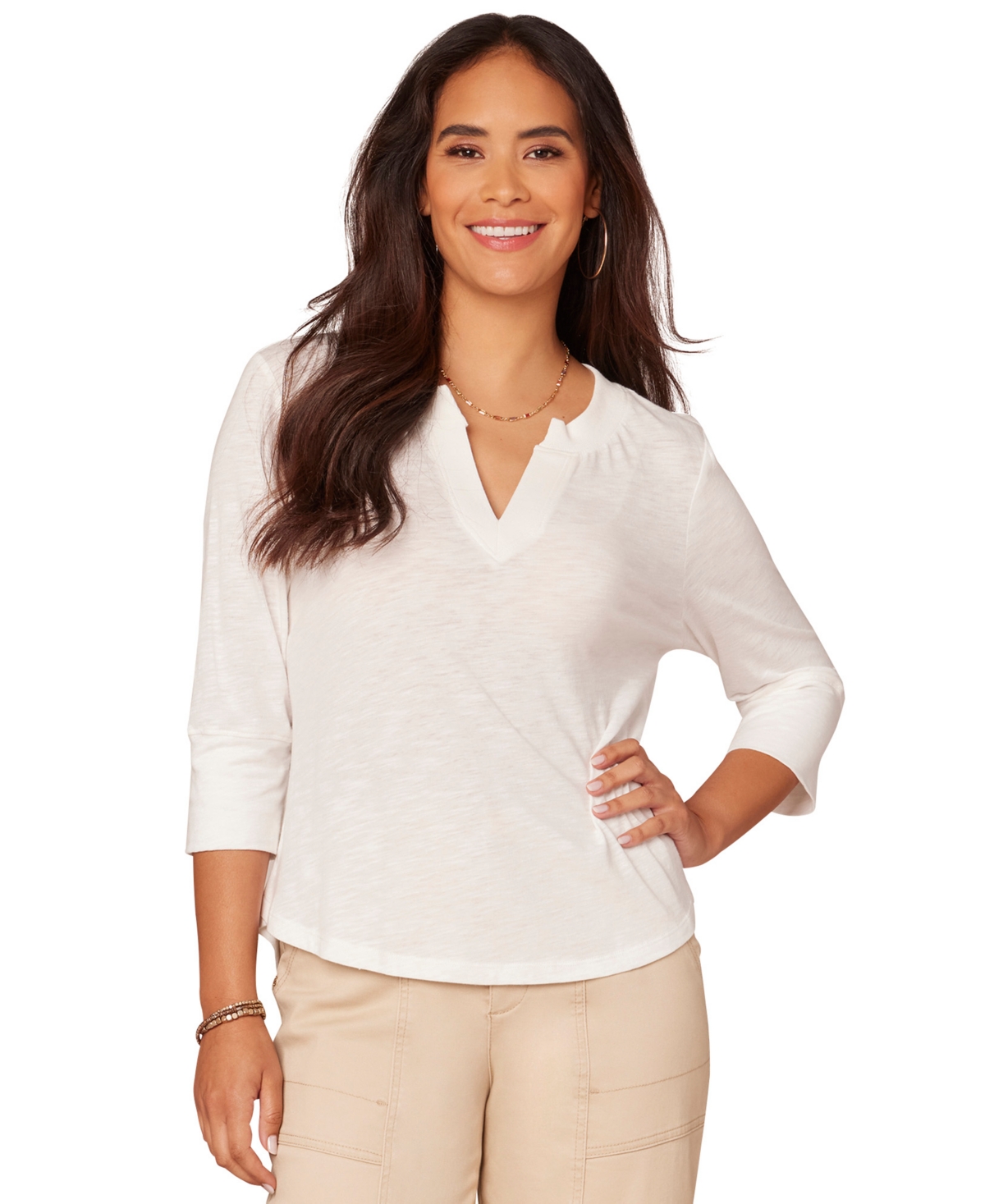 Petite 3/4-Sleeve Split Neckline Knit Top - Black