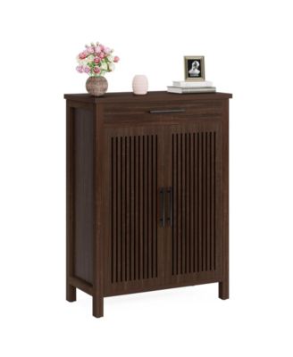31.49" Wood 5-Tier Shoe Cabinet with Louvered Doors & Drawer Adjustable Shelves Freestanding Organizer for Entryway & Closet