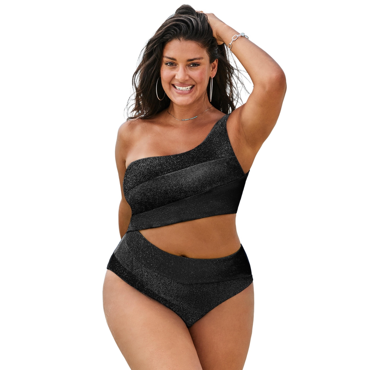 Swimsuits for All Plus Size One Shoulder Color Block Cutout One Piece Swimsuit - Black sparkle