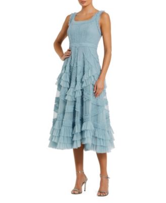 Women's Scoop Neck Sleeveless Mesh Micro Ruffle Midi Dress