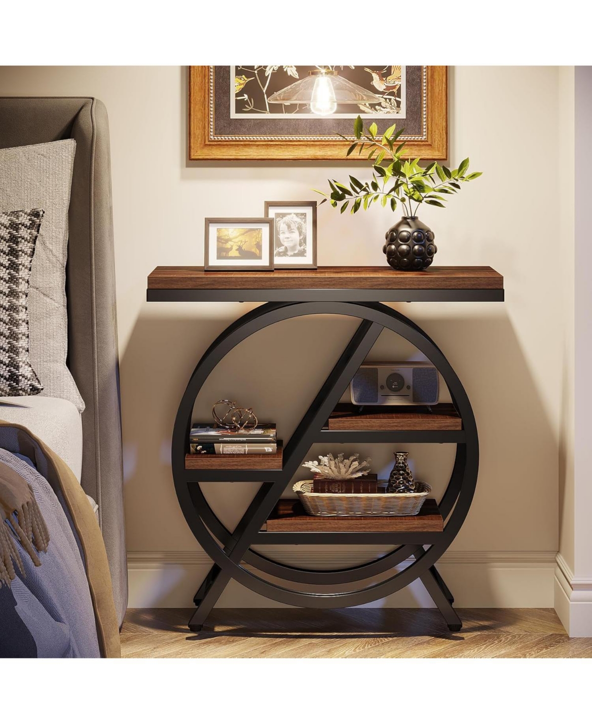 Tribesigns 3-Tier Narrow Side Table with Storage,Wood Sofa Side Table with Geometric Metal Frame,Industrial Nightstand and Bedside End Table