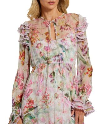 Women's Long Sleeve Tie Neck Ruffle Detail Floral Dress