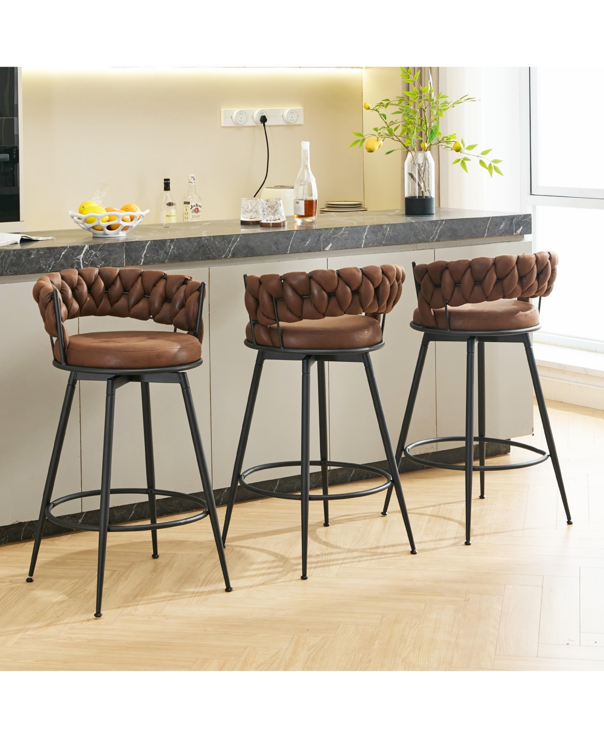 Dyhome 28 inch Bar Stools Set of 3, Modern Counter Height Stools, 360° Swivel Suede Fabric Stool Chairs with Woven Back and Footrest