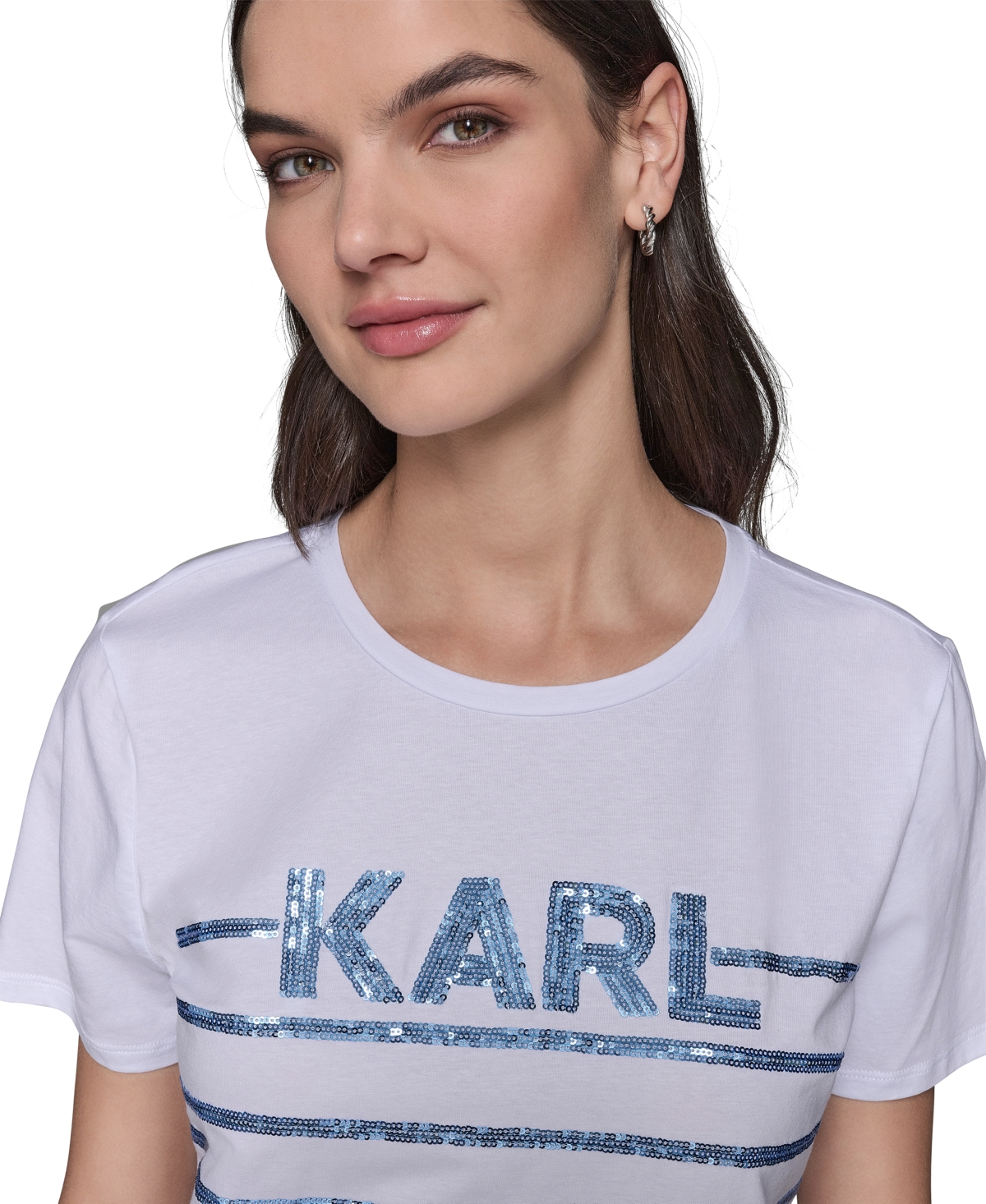 Karl Lagerfeld Women's Embellished Stripe Crewneck Tee In White  Blue