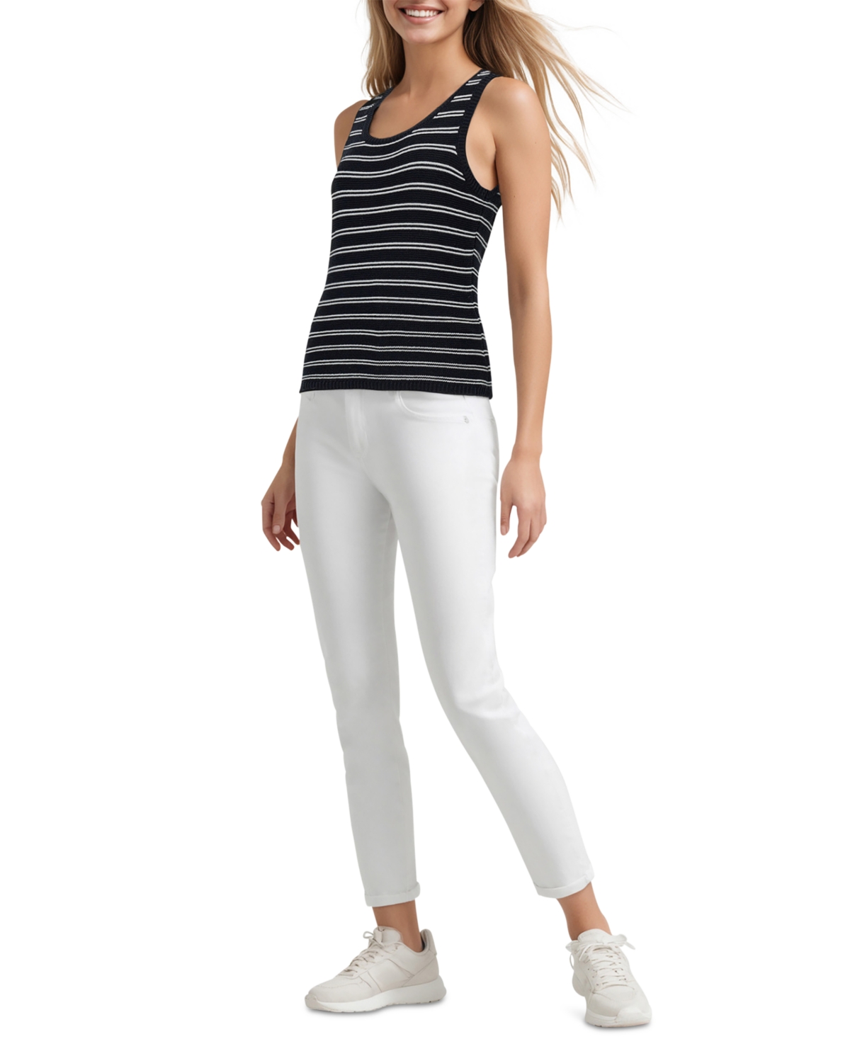 Three Dots Women's Olive Striped Sleeveless Knit Top In Black Beauty,sugar Swizzle