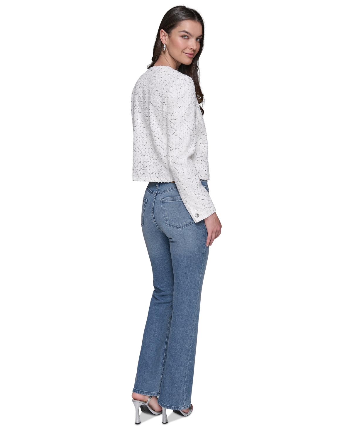 KARL LAGERFELD WOMEN'S BUTTON-FRONT SEQUIN COLLARLESS JACKET 