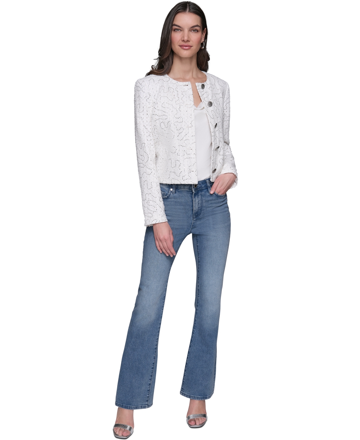 KARL LAGERFELD WOMEN'S BUTTON-FRONT SEQUIN COLLARLESS JACKET 