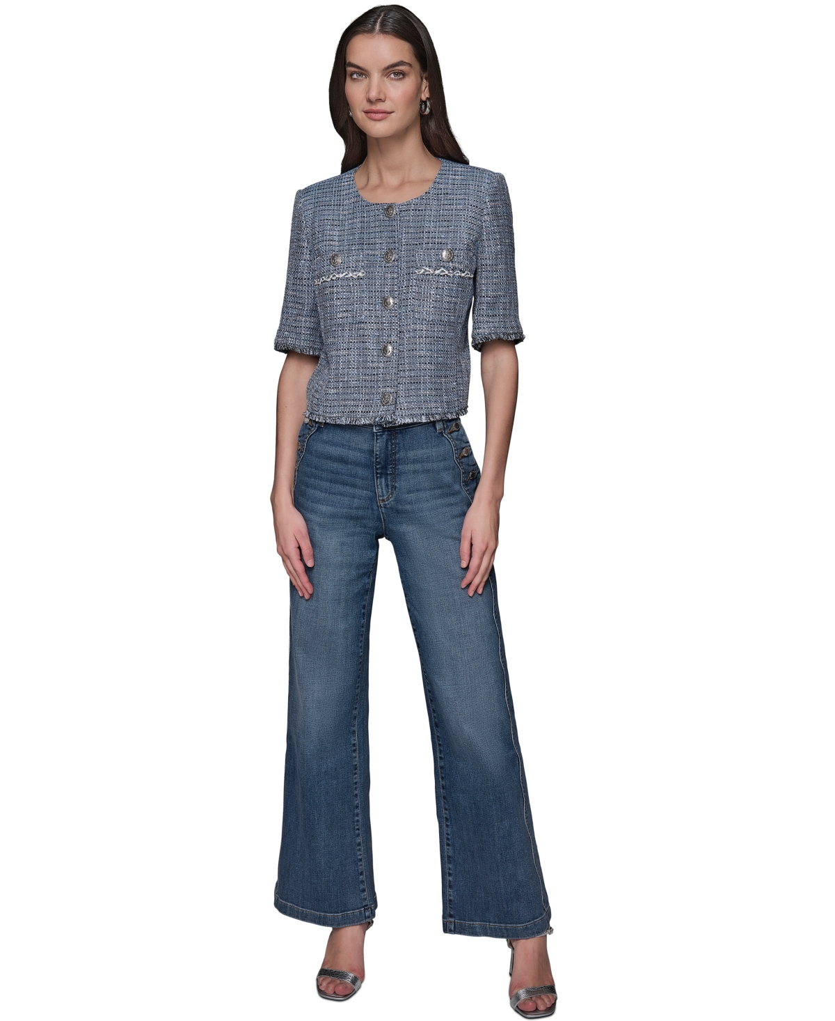 Shop Karl Lagerfeld Women's Fringe-trim Short-sleeve Tweed Jacket In Chambray Blue