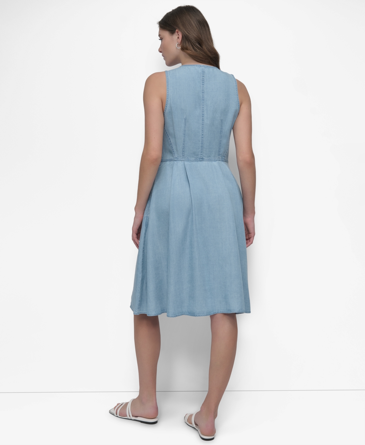 Dkny Women's Sleeveless Zip-front Fit & Flare Dress In Light Chambray