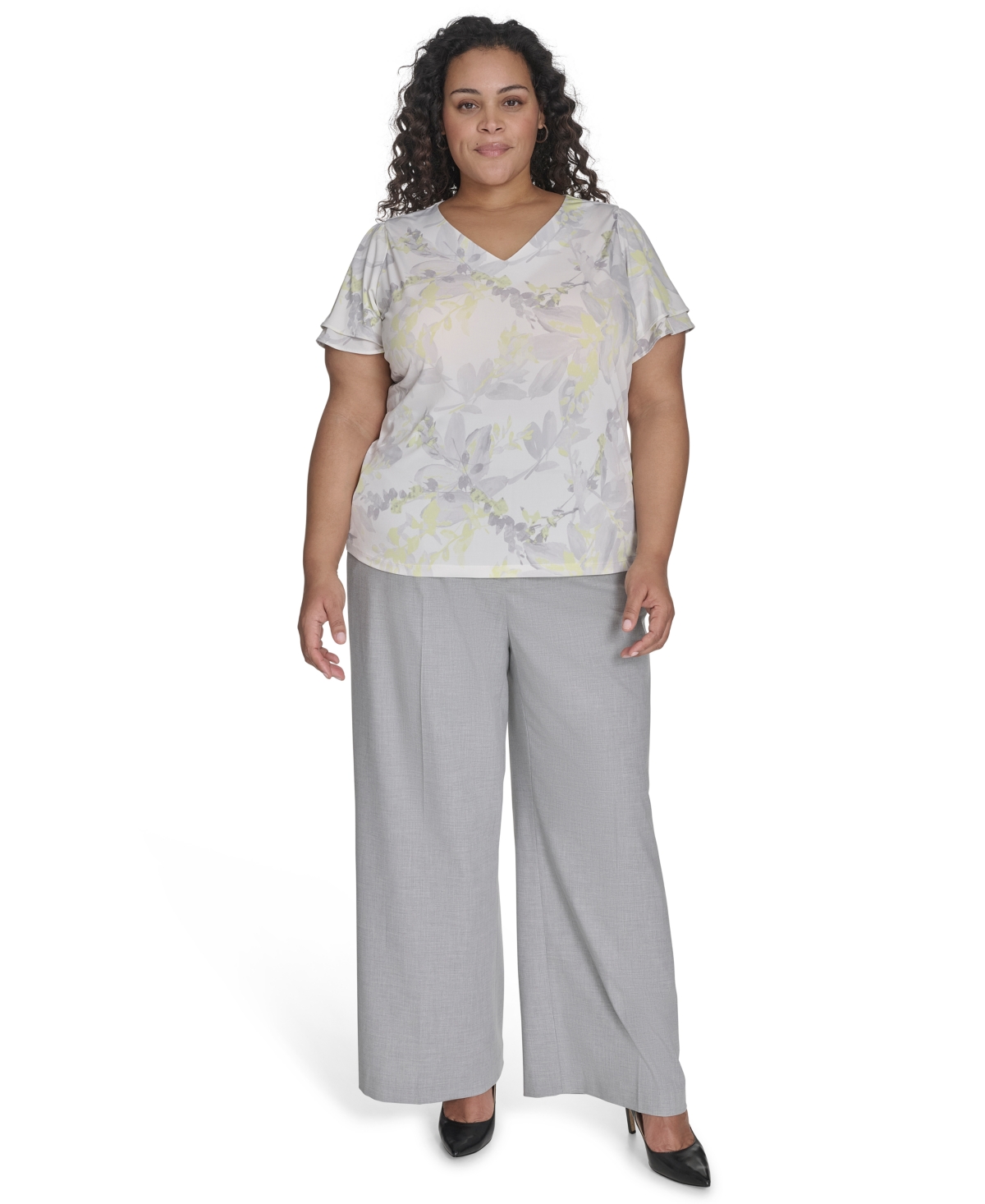 CALVIN KLEIN PLUS SIZE PRINTED V-NECK FLUTTER SLEEVE BLOUSE 