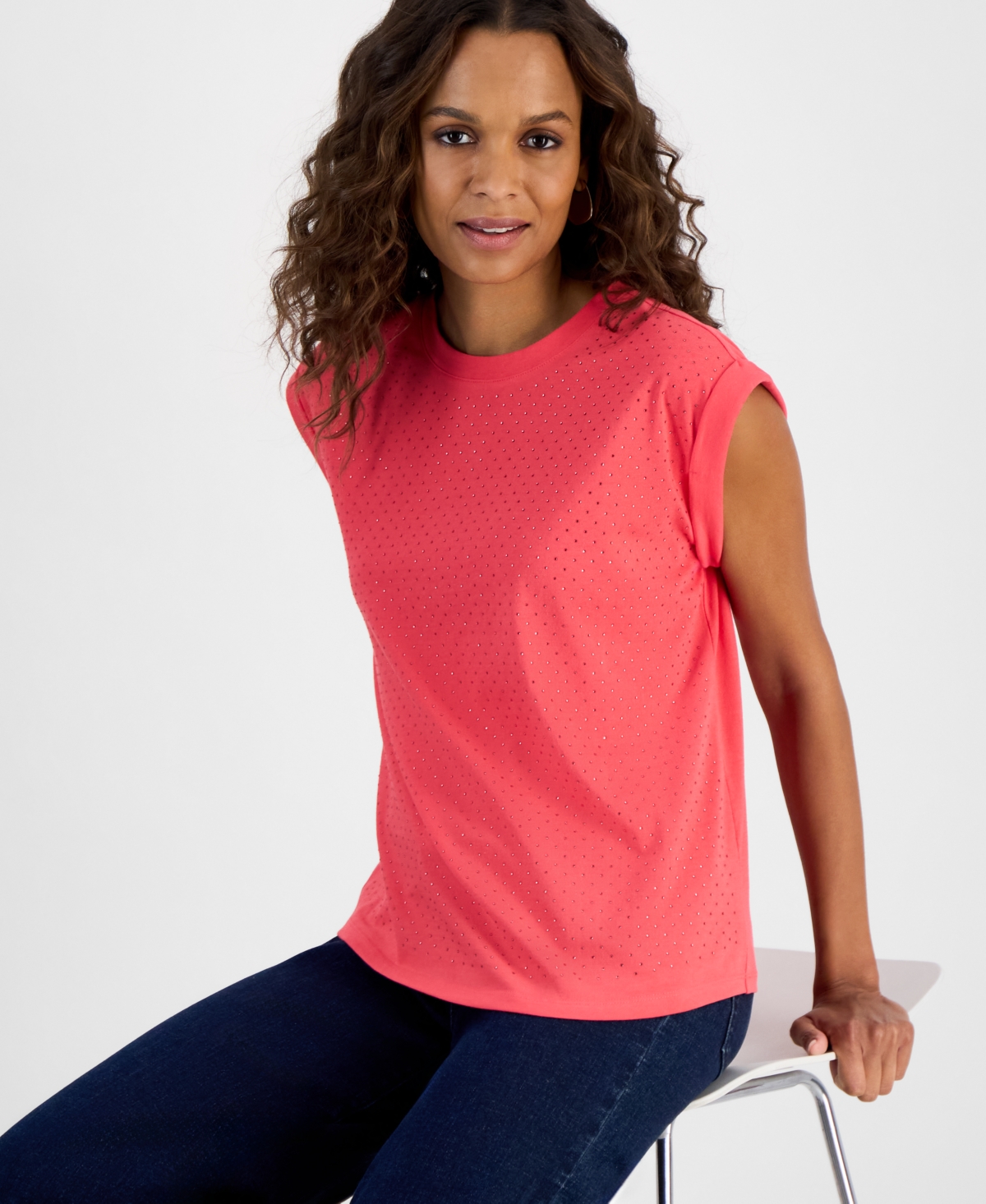 Inc International Concepts Petite Dew Drop Cotton Roll-sleeve Tee, Created For Macy's In Red
