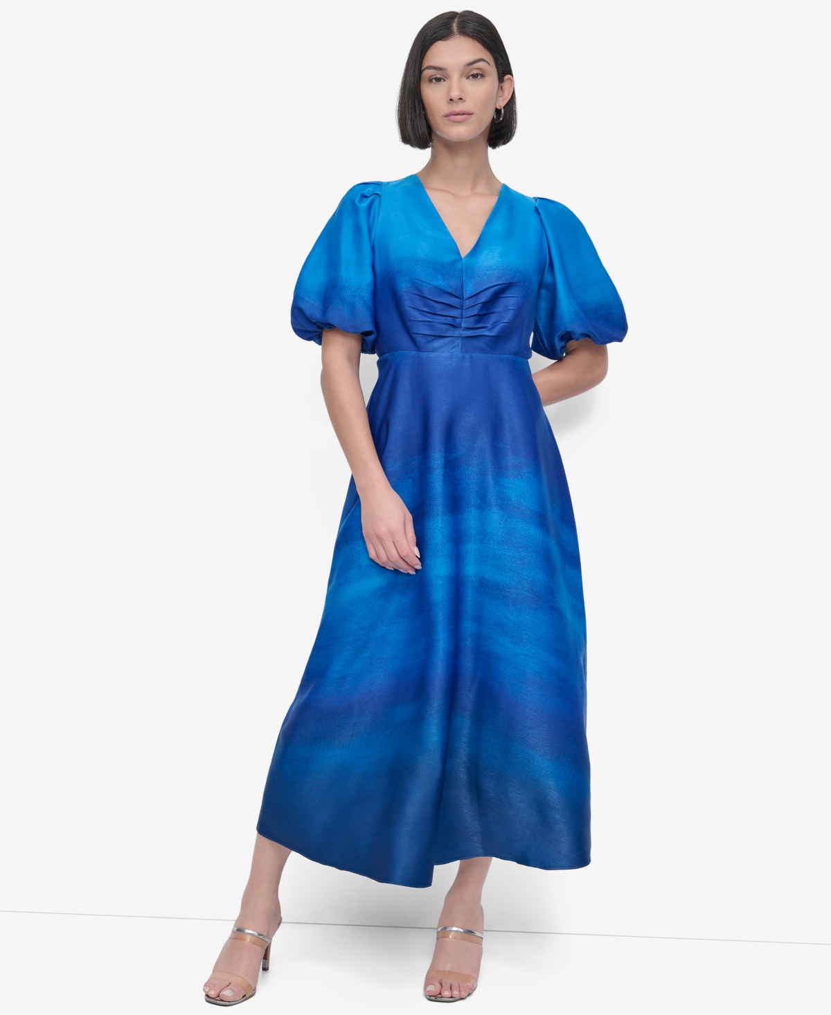 Shop Dkny Women's Printed Satin Puff-sleeve Midi Dress In Cornflower Ombre Border