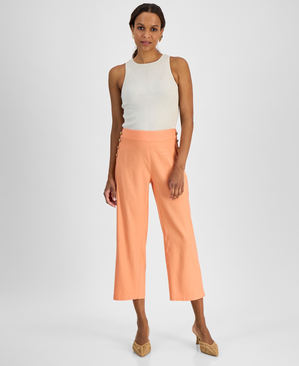 Inc International Concepts Petite Linen-blend High-rise Wide-leg Pants, Created For Macy's In Mango Tang