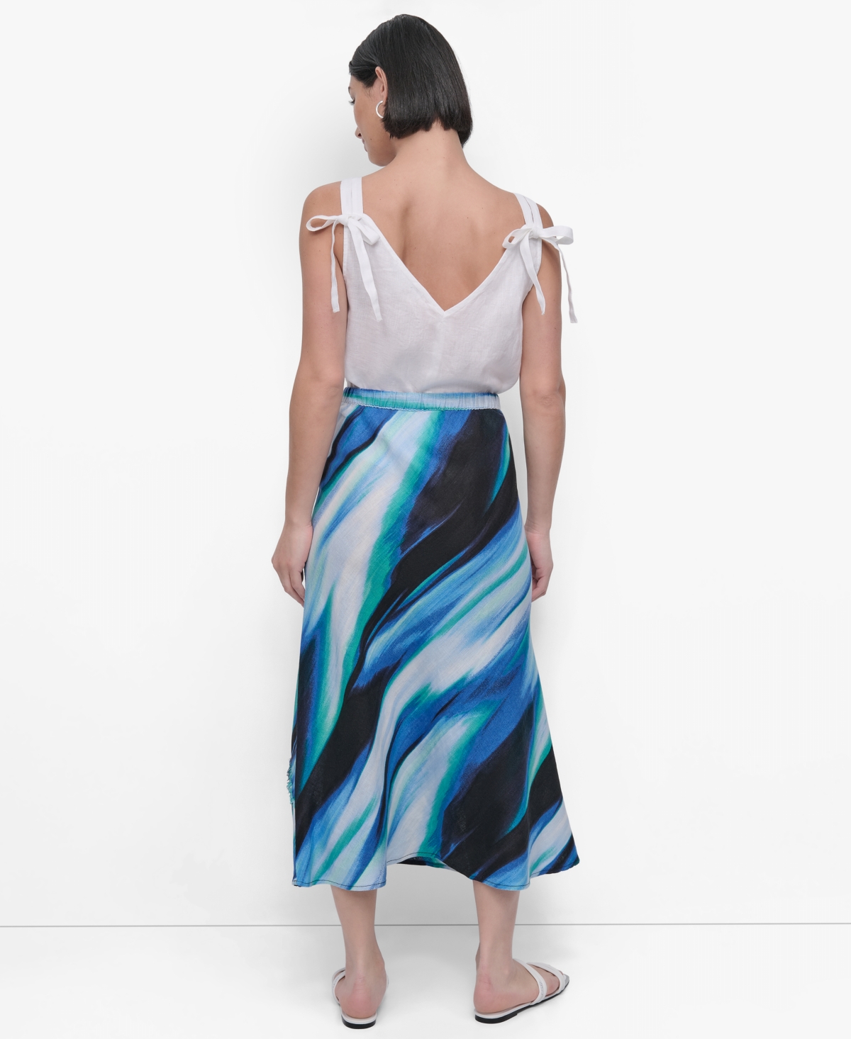 Shop Dkny Women's Printed Fringe-seam Midi Skirt In Caribbean Multi