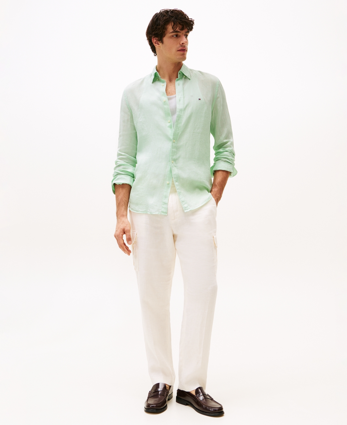Tommy Hilfiger Men's Pigment-dyed Linen Button-down Long Sleeve Shirt In Green
