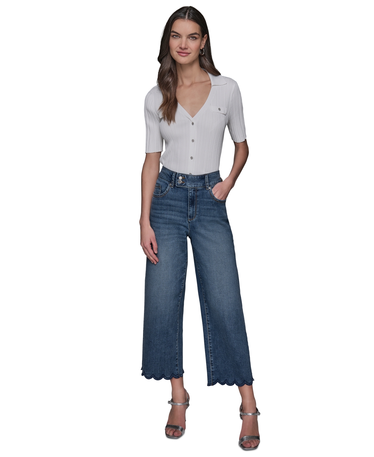 Karl Lagerfeld High Rise Scalloped Jeans In Coastal Blue In Coastal Blue