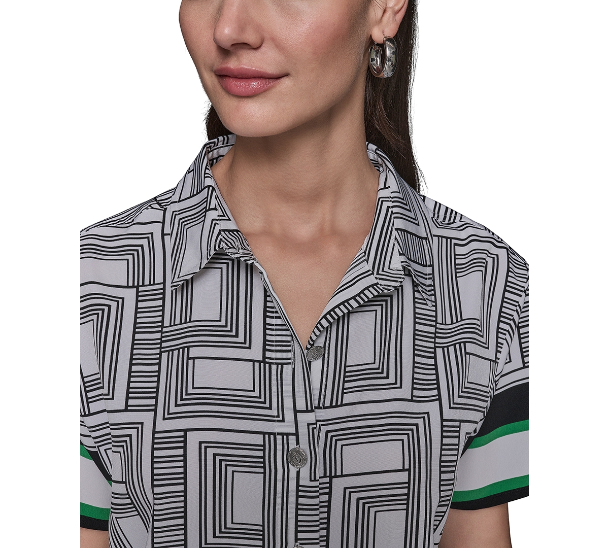 Karl Lagerfeld Women's Border Printed Short Sleeve Button-front Top In Soft White Combo