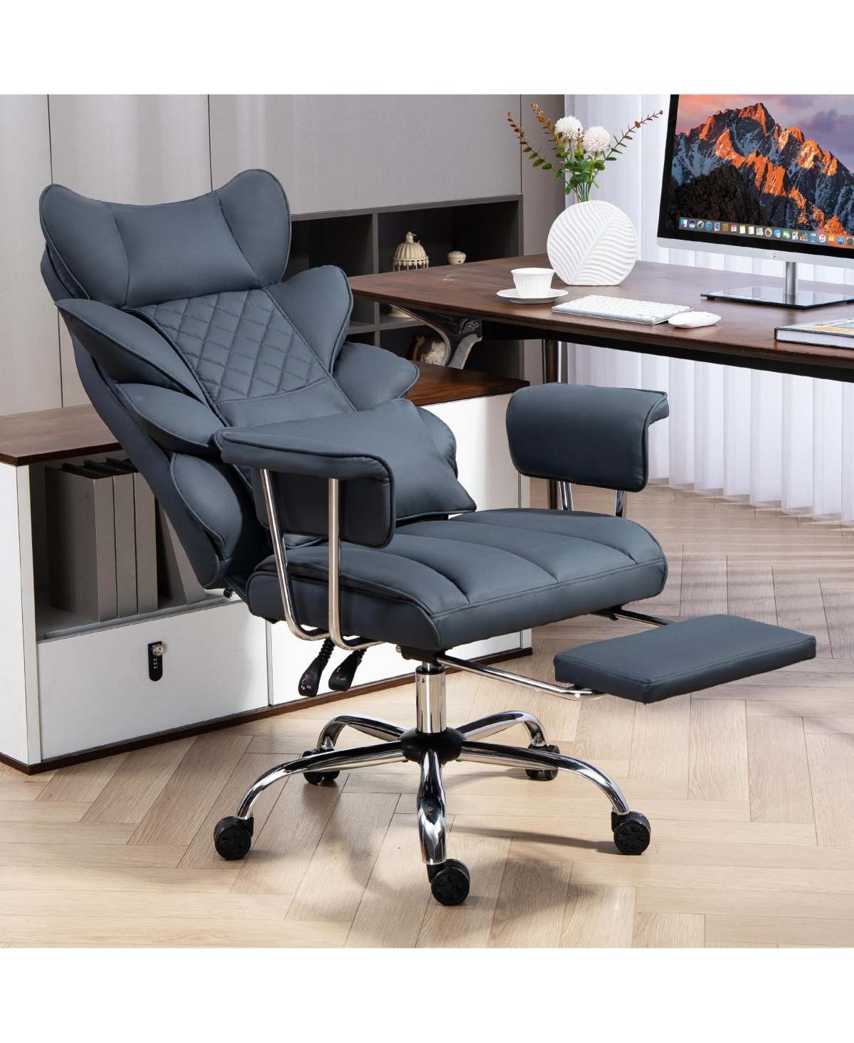 Dyhome Faux Leather Gaming Chair, Ergonomic High-Back Office Chair With Tilt and Swivel, Reclining Computer Desk for Women, Men