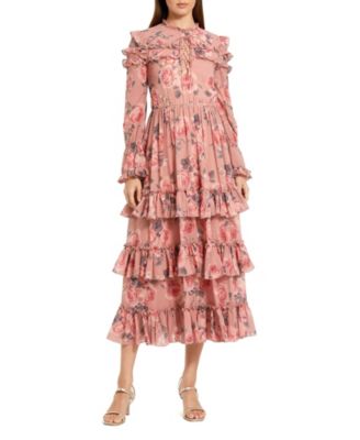 Women's Long Sleeve Lace Up Front Tiered Ruffle Dress