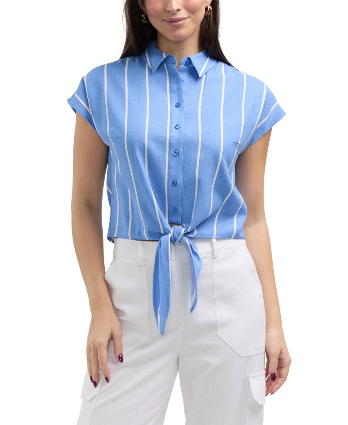 Women's Linen Blend Sleeveless Tie Hem Button Down Top - Azure white stripe