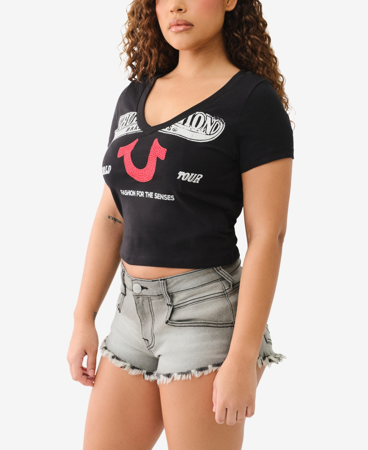 TRUE RELIGION WOMEN'S CRYSTAL LOGO V-NECK BABY T-SHIRT 