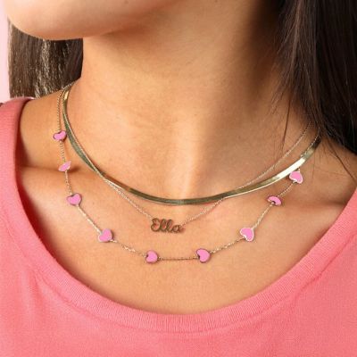 Bubblegum Pink Heart Station Necklace 14K Gold