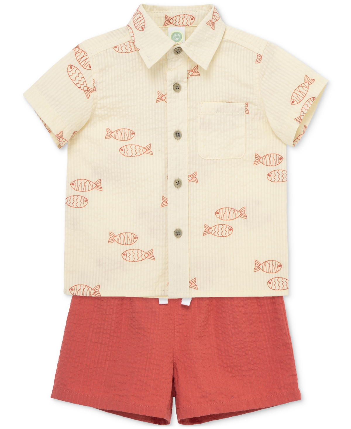 LITTLE ME BABY BOYS 2-PC. FISH SEERSUCKER BUTTON-DOWN SHIRT & SHORTS SET 