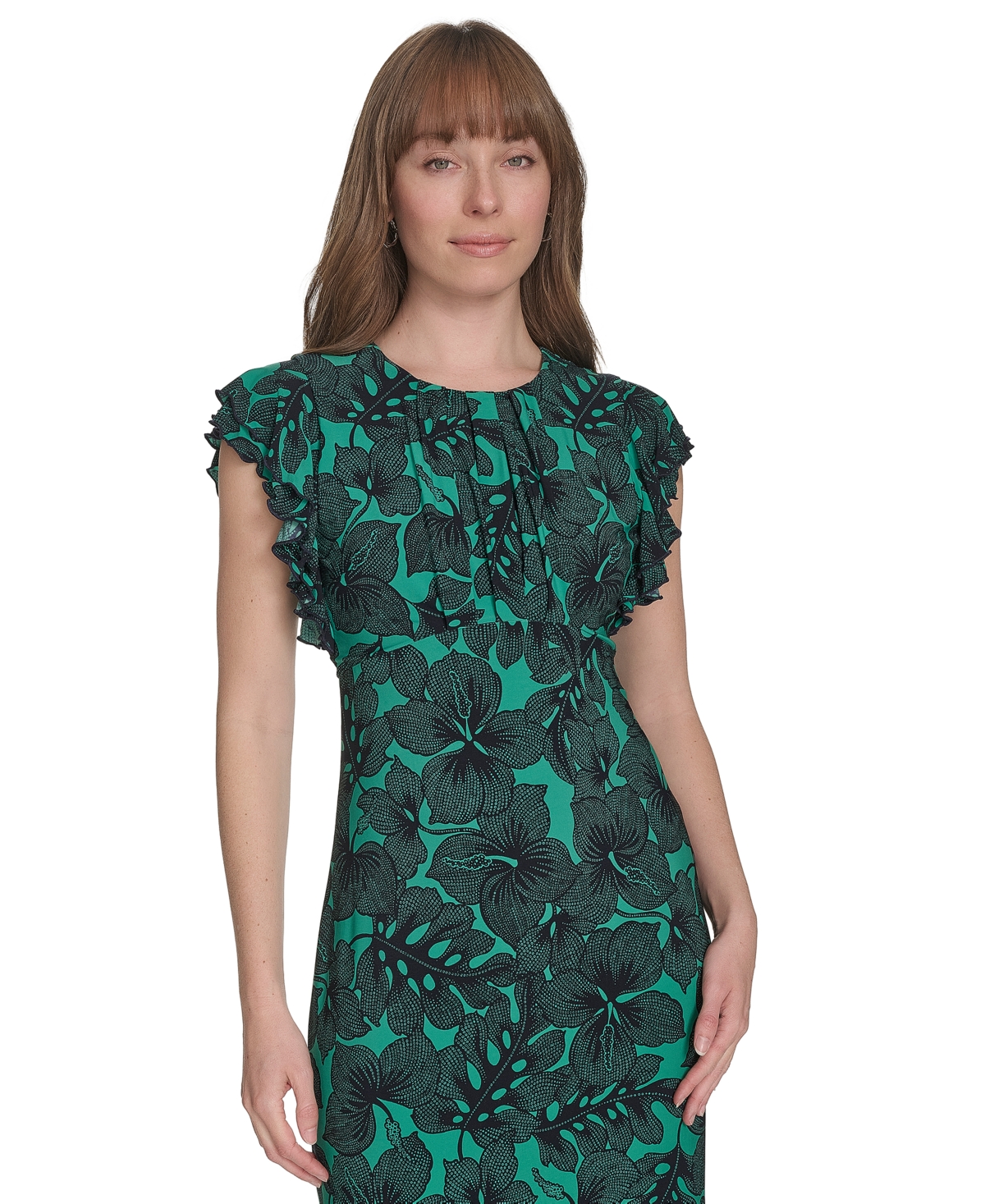 Tommy Hilfiger Women's Printed Ruffle-sleeve Midi Dress In Parakeet,sky Captain