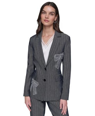 KARL LAGERFELD PARIS - Women's Beaded-Bow Pinstriped Blazer