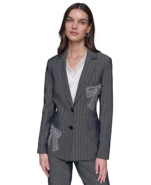 alfani KARL LAGERFELD PARIS Women's Beaded-Bow Pinstriped Blazer Women's Fashion Shoes & Accessories